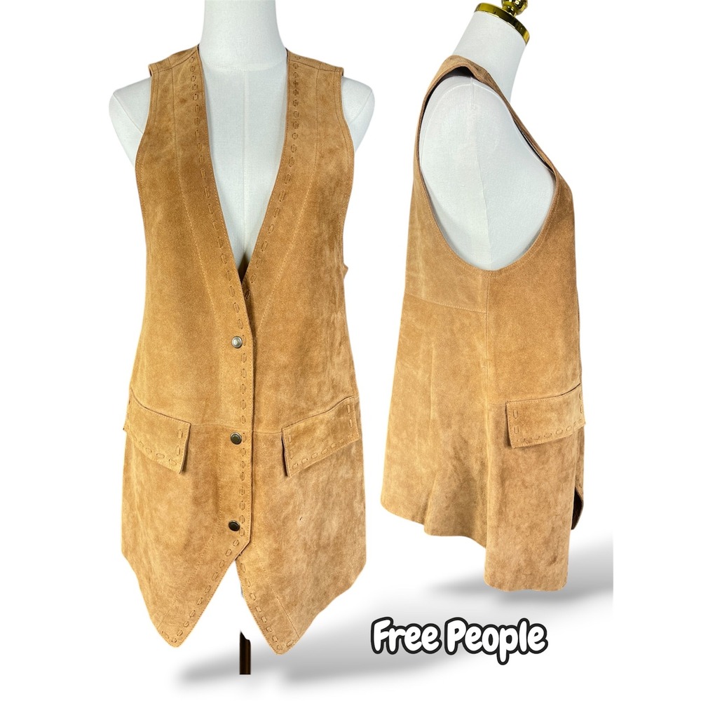 We The Free Free People Tan Suede Leather Whipstitch Longline Vest Size S/M